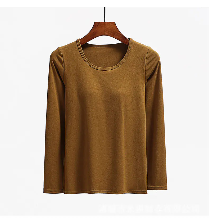 Brown long sleeve built-in bra top - soft lightweight support