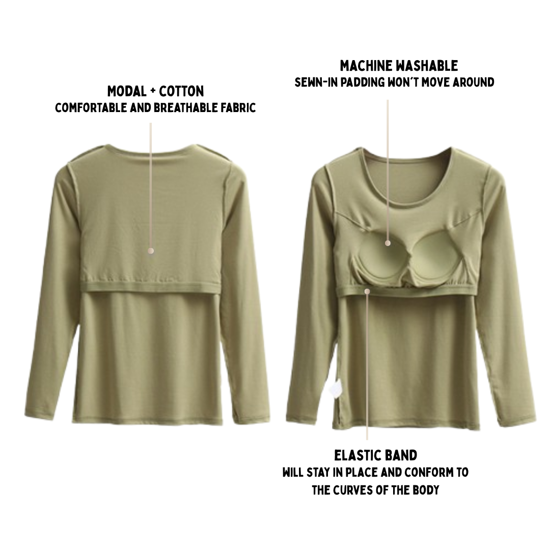 Green long sleeve built-in bra top - front and back view